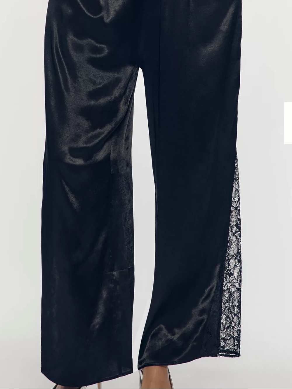 Anthropologie Black Satin Lace Insert Wide-Leg Pants with POCKETS 😍😍 NWT - Picture 2 of 4